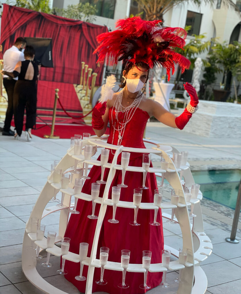 Luxury champagne strolling table display welcoming guests to a private celebration
