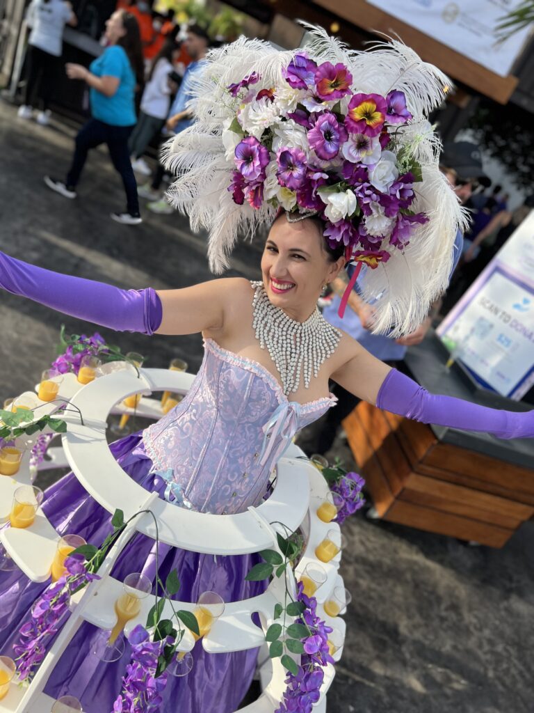 Glamorous strolling table costume designed for themed parties and celebrations